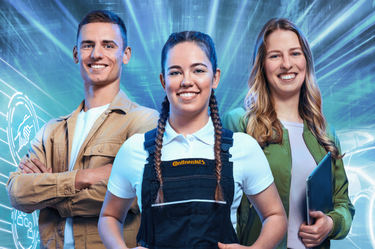 A young man in a beige jacket, a young woman in dungarees and a young woman in a green jacket stand in front of a dynamic background with icons on the theme of IT and software, business and technology.