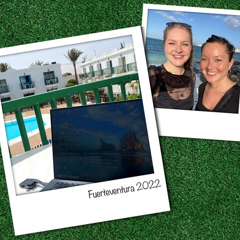 Collage of two Polaroids on a lawn background showing a laptop on a balcony with a pool and two young women in black blouses on a coastline