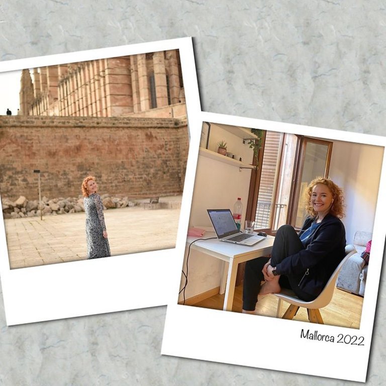 collage of two Polaroids on a grey background, showing a woman at her desk and in front of a historic Mediterranean wall